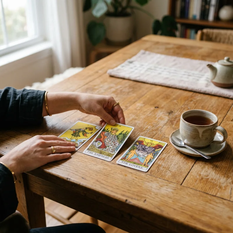 Hands laying out three tarot cards on a wooden dining table next to a mug of tea