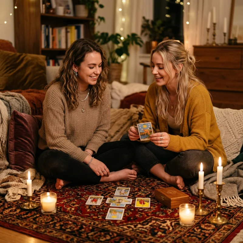 Two friends sitting on a cozy rug reading tarot cards together by candlelight