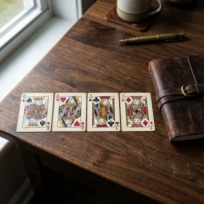 Apat na tarot court card na maayos na nakalatag sa madilim na mesang kahoy katabi ng leather journal