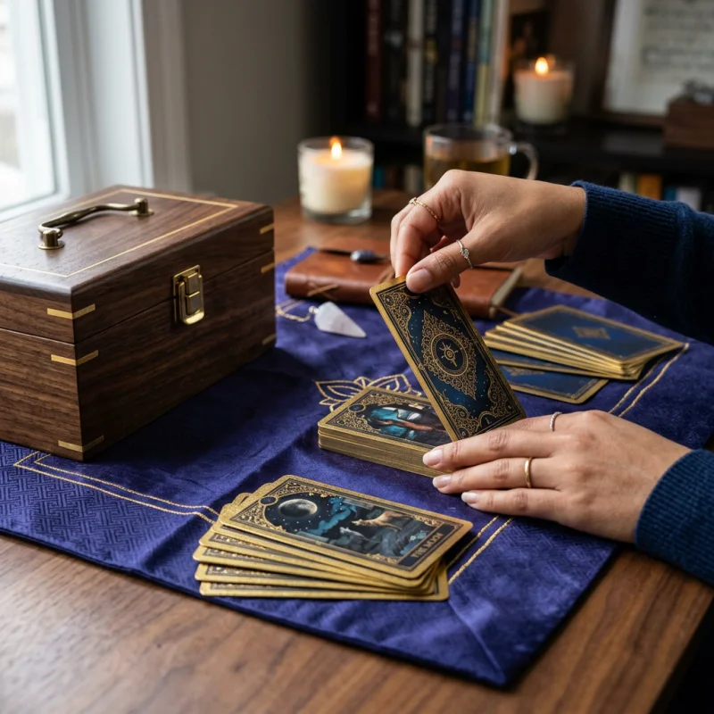 Tangan seorang pembaca tarot membalik kartu bertinta emas di atas kain sutra nila di samping kotak kayu kenari.
