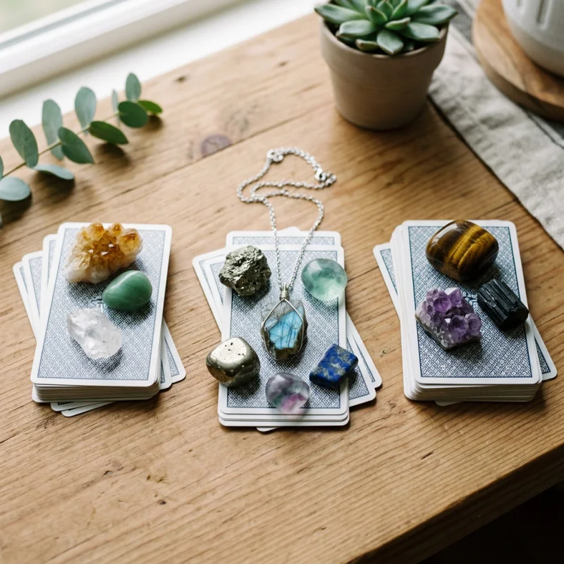 Three tarot card piles featuring a natural crystal pendant necklace and crystals for career success