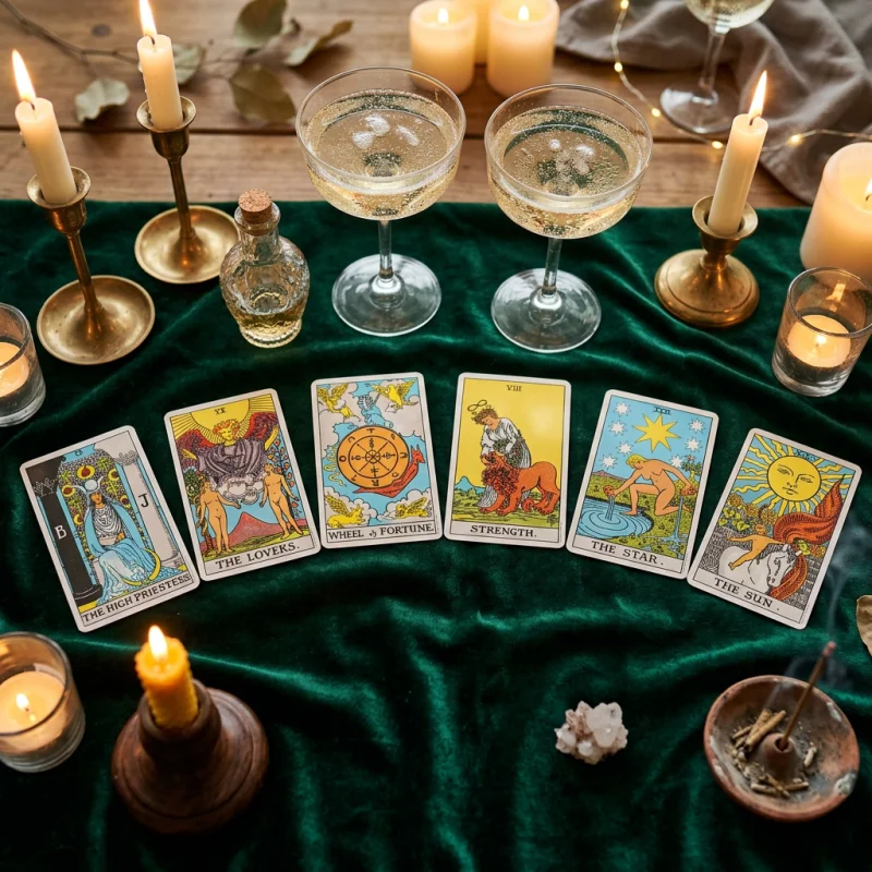 Six tarot cards laid out in an arch on a emerald green velvet cloth with glowing candles and champagne glasses