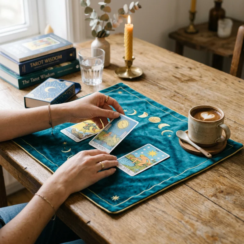 Sepasang tangan menyusun kad tarot di atas alas baldu berhampiran cawan kopi