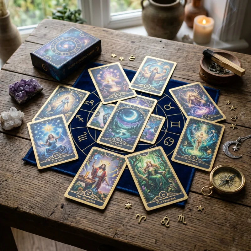 Spirituelles Tarotdeck mit astrologischen Symbolen auf einem Holztisch