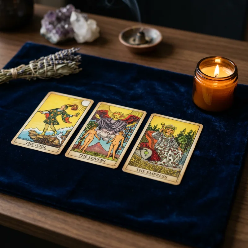Trois cartes de tarot alignées sur un tapis de velours sombre à côté d'une petite bougie allumée