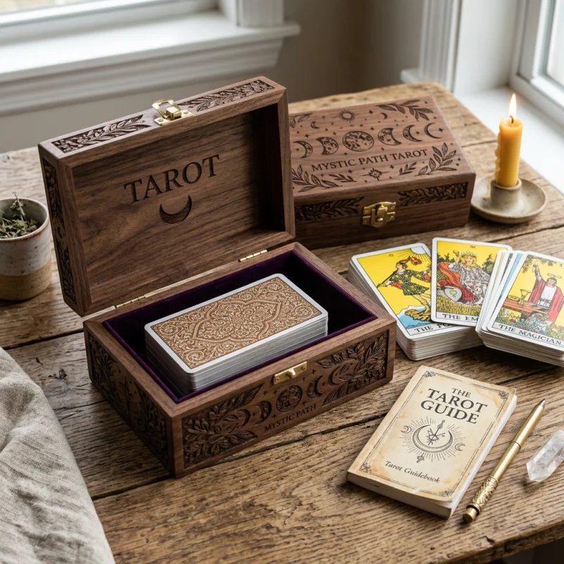 Caja artesanal de madera grabada y abierta sobre una mesa junto a una baraja de tarot tradicional y su guía