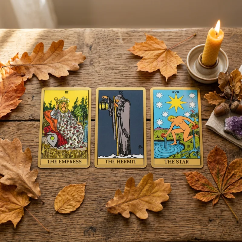 Tres cartas de tarot dispuestas en hilera sobre una mesa de madera junto a hojas secas de otoño y una vela encendida