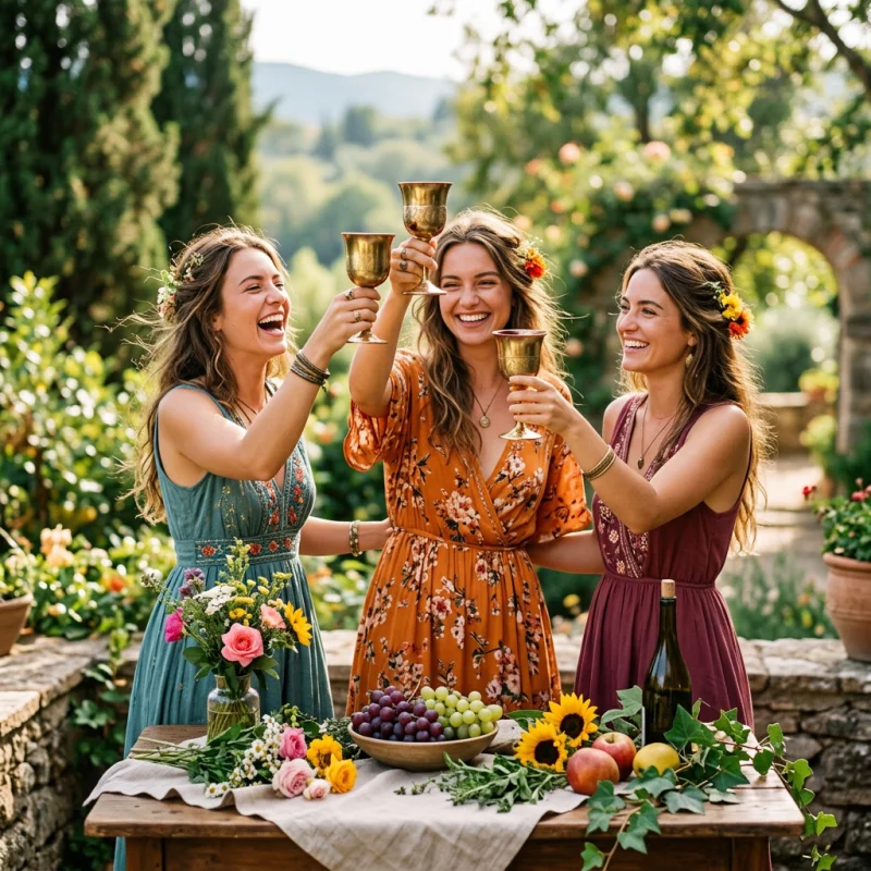 La carta dei Tarocchi del Tre di Coppe raffigurante tre donne che sollevano calici d'ottone per festeggiare insieme