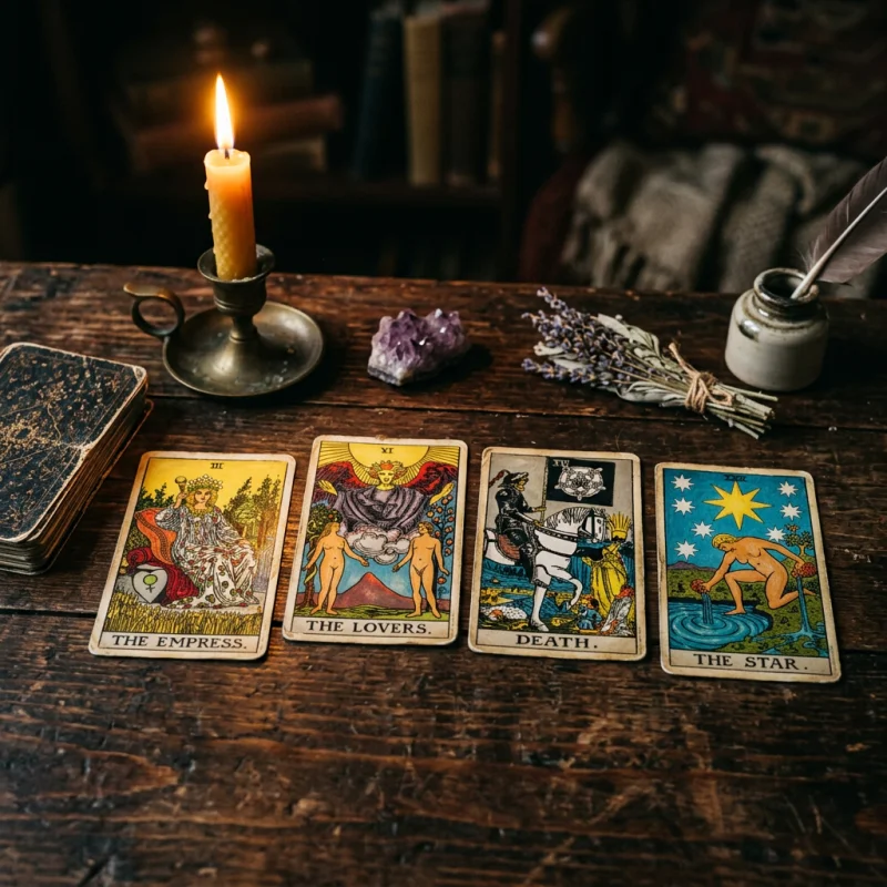 Jeu de tarot aux illustrations style peinture à l'huile posé sur une table en bois sombre à la lueur d'une bougie
