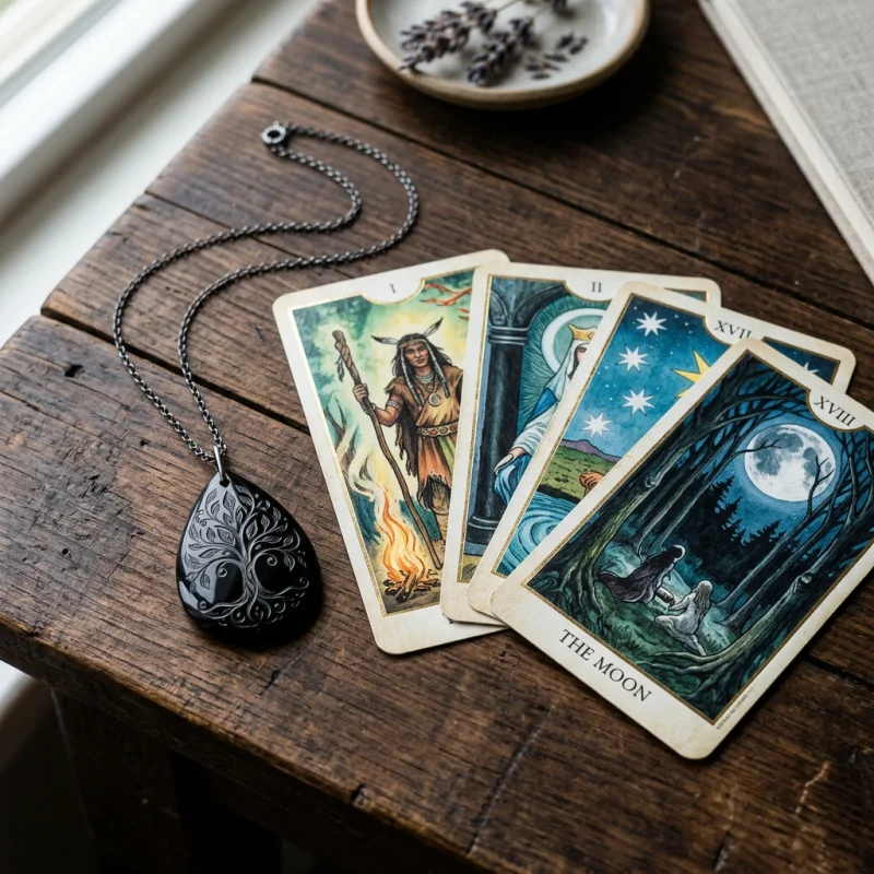 Colgante de obsidiana negra grabada a mano junto a cartas de tarot sobre una mesa de madera oscura