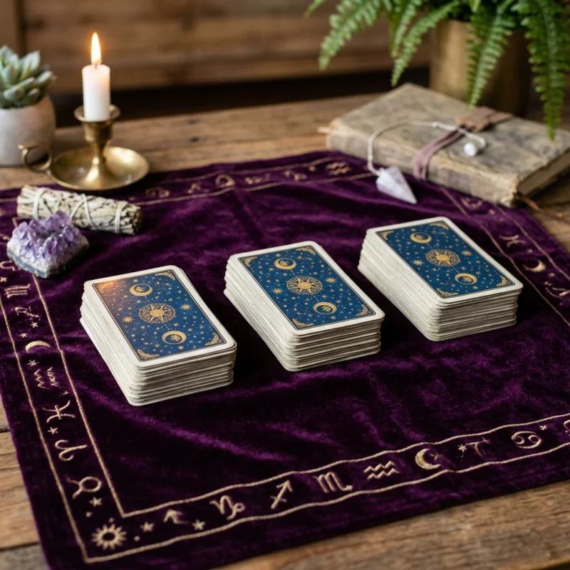 Drei Stapel Tarotkarten nebeneinander auf einem Samttuch für eine intuitive Lesung