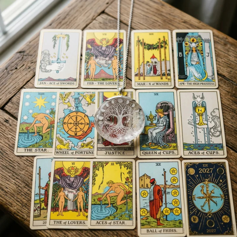 Hand-engraved natural crystal pendant resting on an annual tarot spread 2027 layout