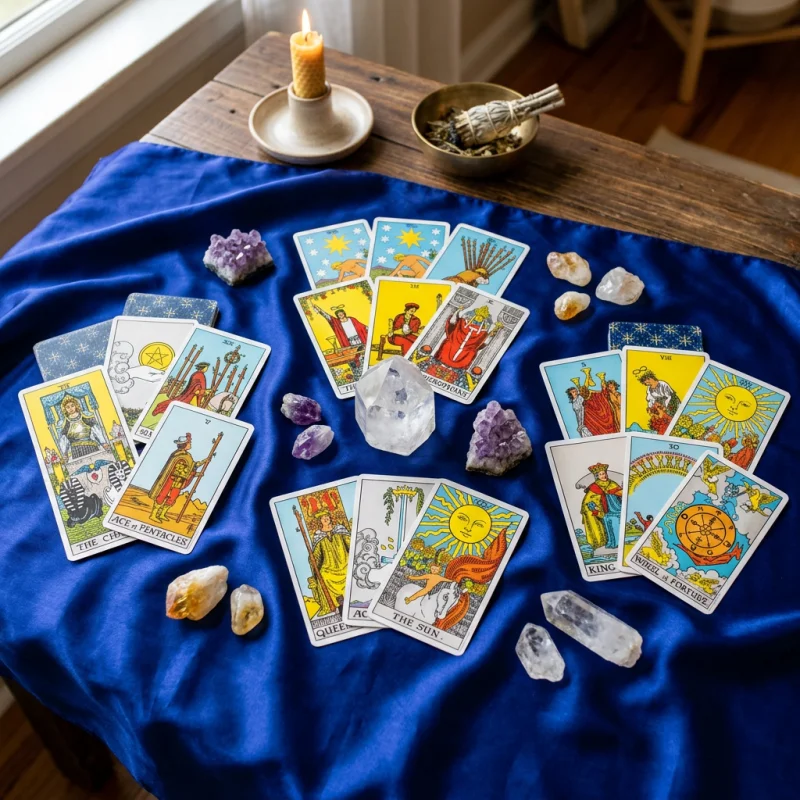 Three piles of tarot cards laid out on a silk cloth with quartz crystals for a promotion reading