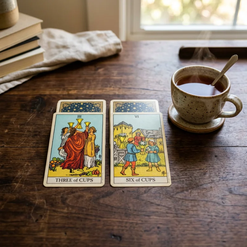 Three of Cups and Six of Cups tarot cards laid out on a dark wooden table next to a cup of tea