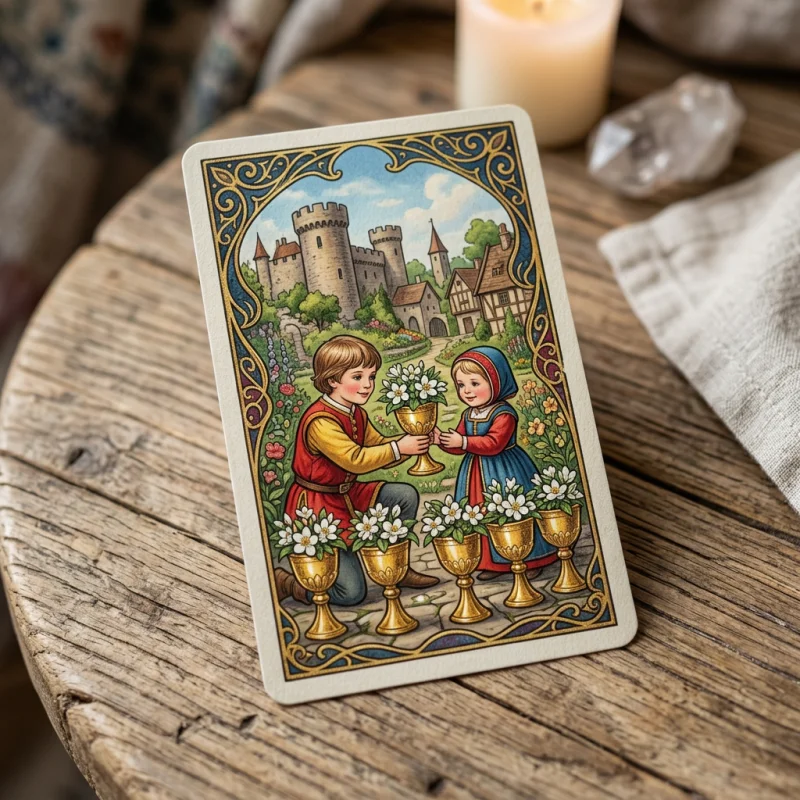 Close up of the Six of Cups tarot card showing golden cups with white flowers