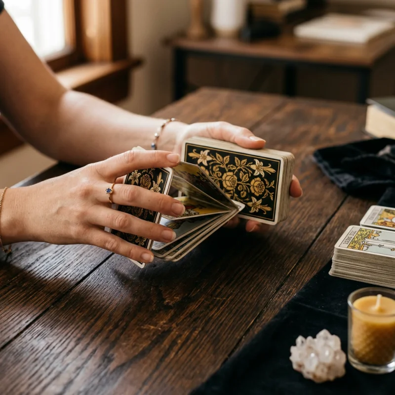 Mga kamay na nagbabalasa ng tarot cards sa ibabaw ng mesang kahoy para sa career timing spread