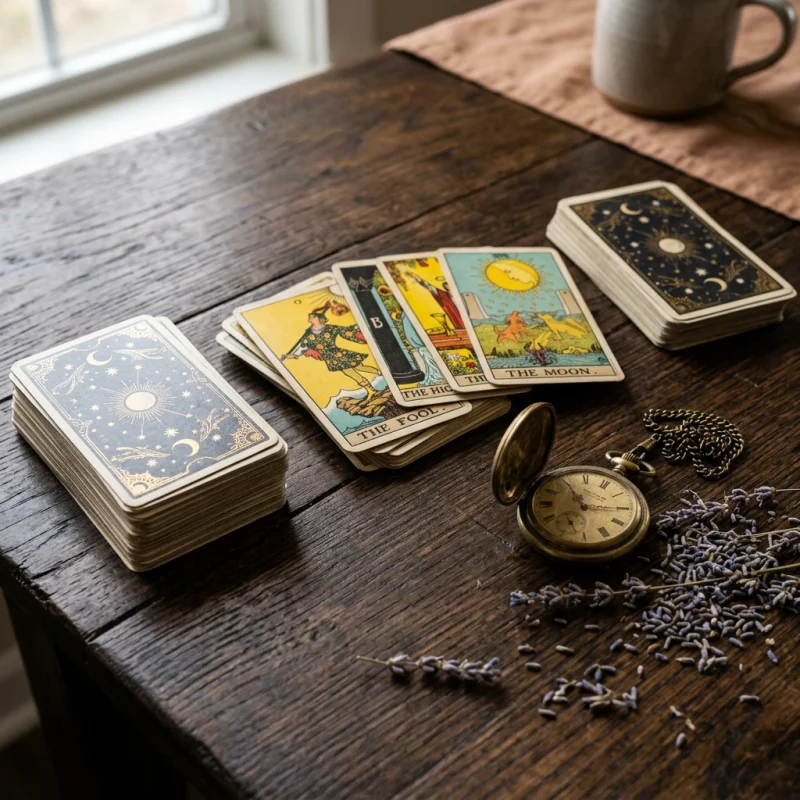 Drei Tarot-Kartenstapel auf einem dunklen Eichentisch neben einer Messing-Taschenuhr und getrocknetem Lavendel