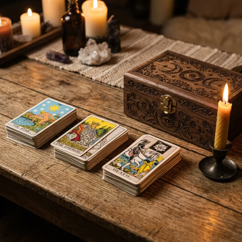 Trois tas de cartes de tarot disposés à côté d'un coffret en bois gravé sur une table éclairée à la bougie