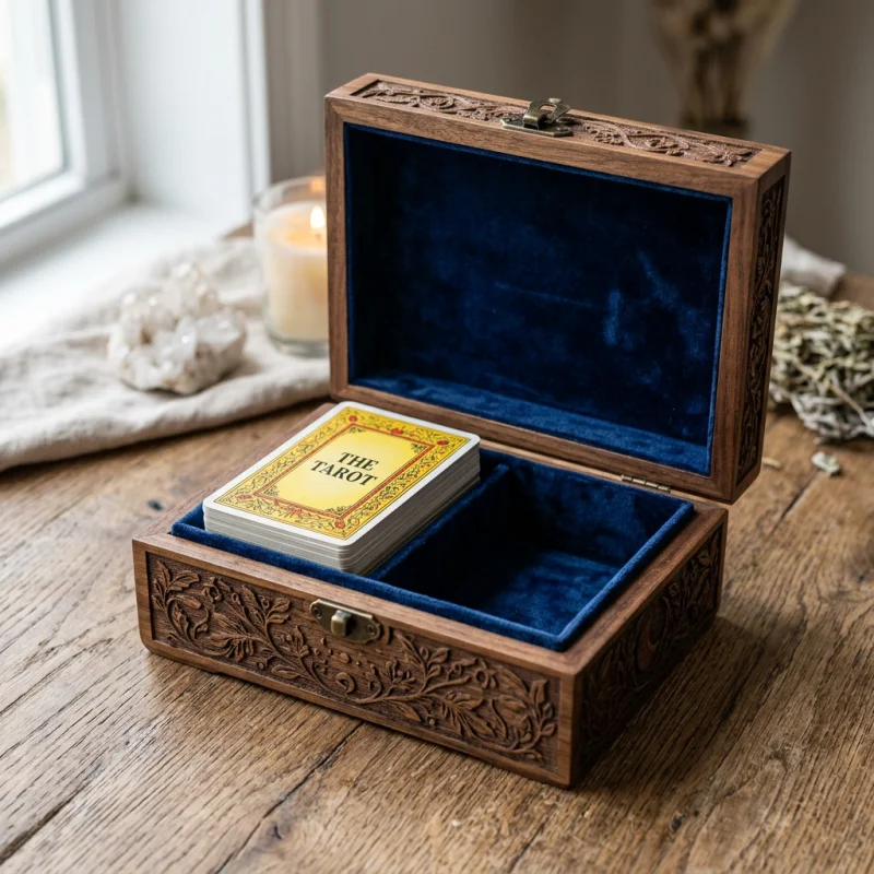 Jeu de tarot Rider Waite rangé dans son coffret en bois gravé ouvert avec doublure en velours