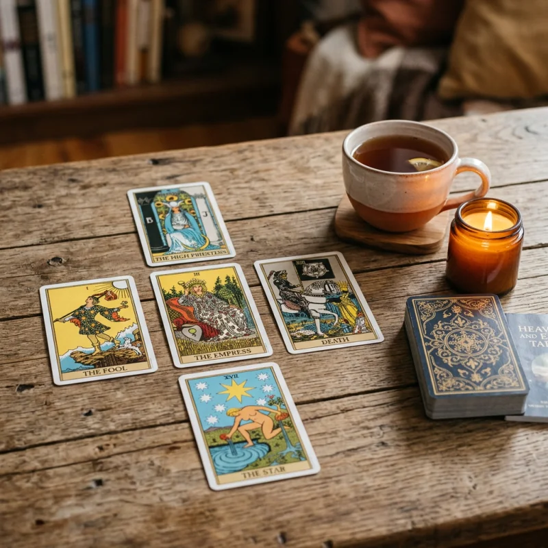 Tirage du tarot Heaven and Earth sur une table en bois près d'une tasse de thé et d'une bougie