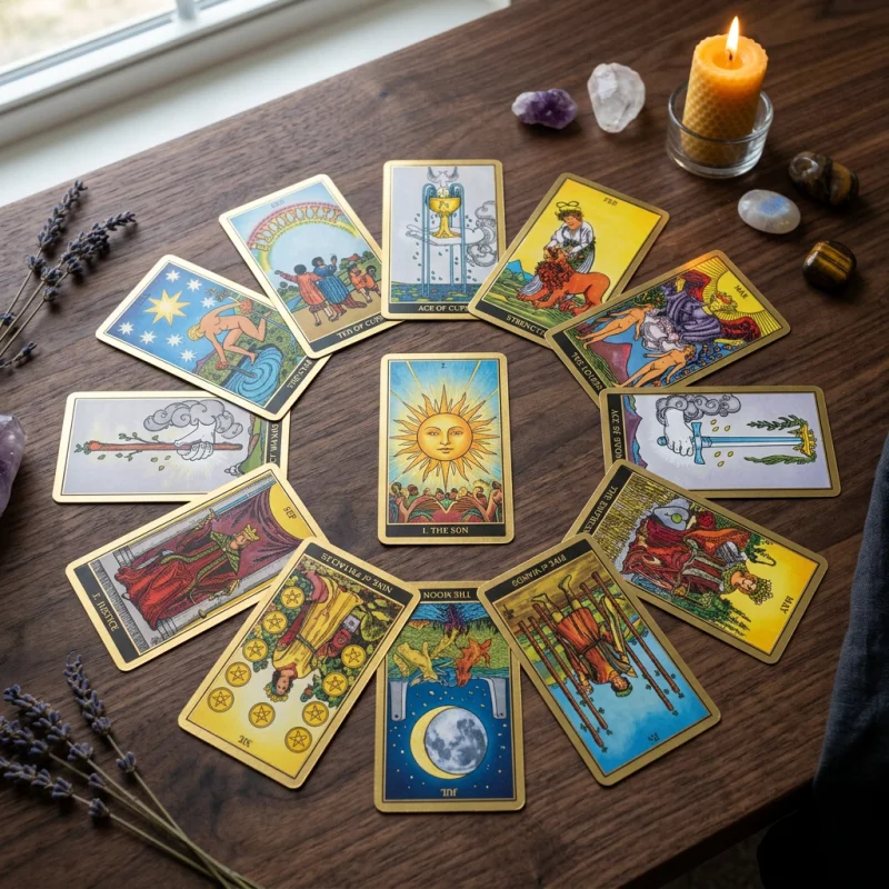 Cartas del tarot Heaven and Earth dispuestas en una tirada circular de doce meses sobre una mesa de madera oscura