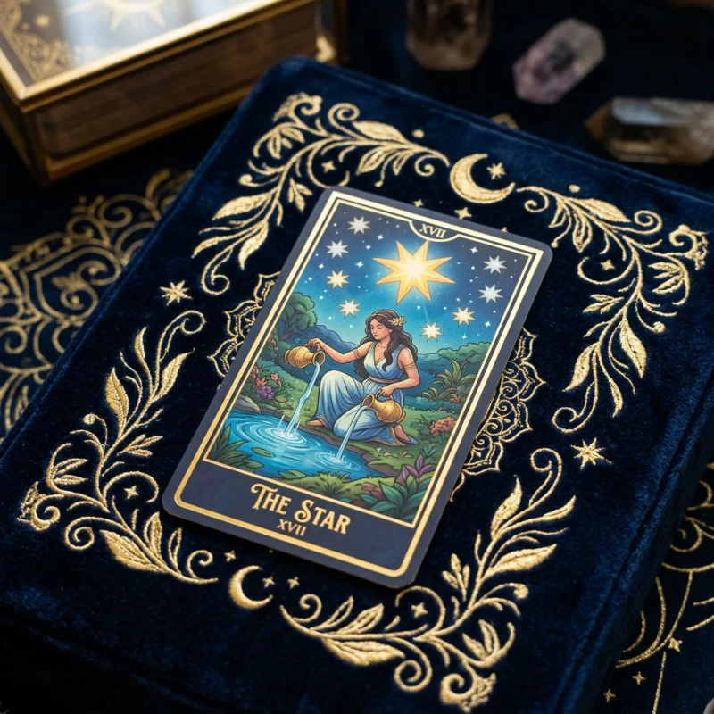 Major Arcana tarot card na nakapatong sa madilim na ibabaw na may palamuting ginto