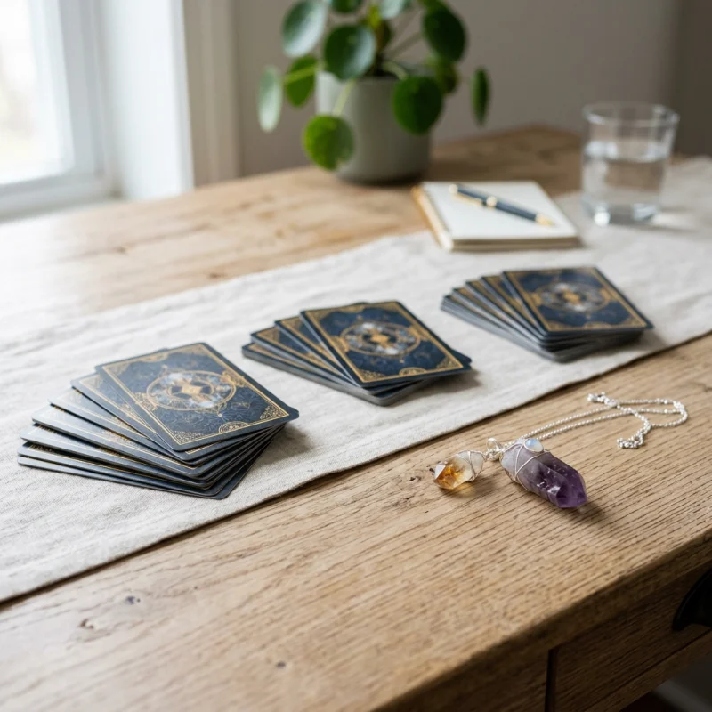 Drei Stapel Tarotkarten neben einer Kristallkette für Business-Tarot-Legungen