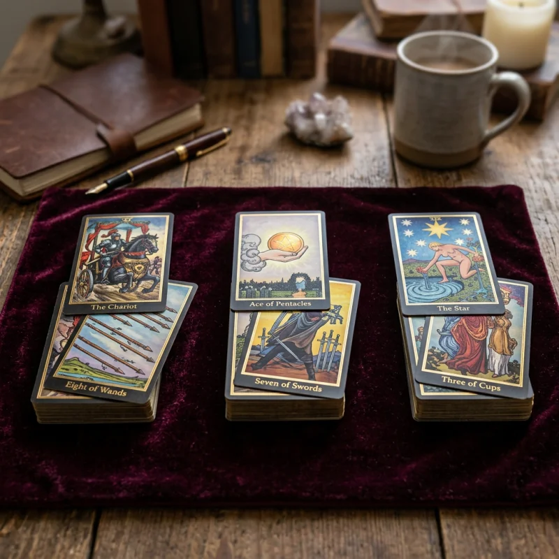 Tiga tumpukan kad tarot fantasi sotik Heaven and Earth di atas kain baldu gelap untuk panduan kerjaya