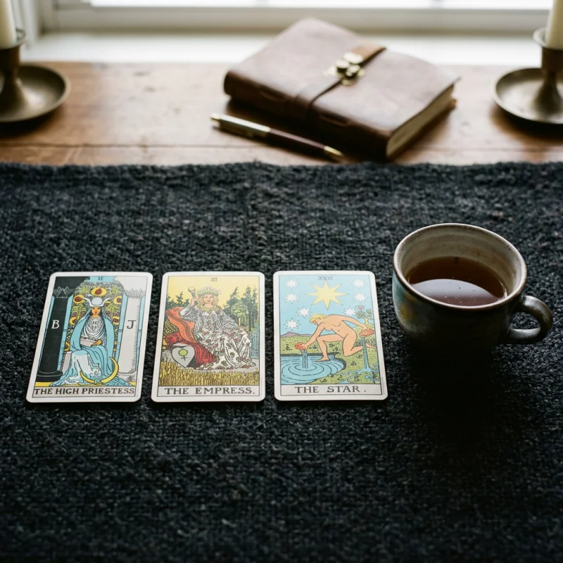 Trois cartes de tarot alignées sur un drap de laine sombre, à côté d'une tasse de thé refroidie