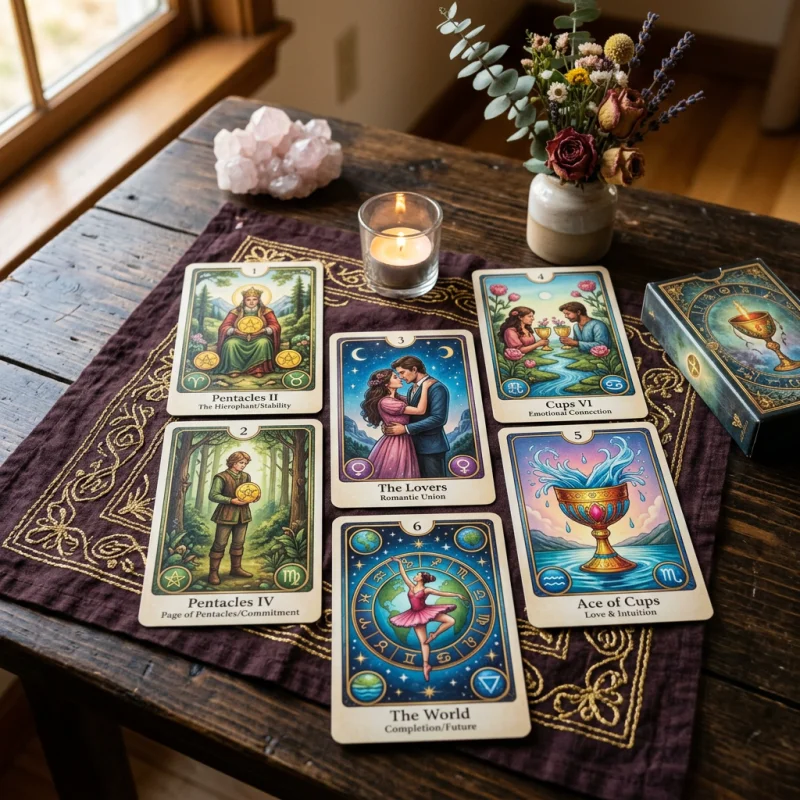 Tirage de cartes de tarot de fiançailles étalé sur une table, révélant des cartes de fantasy d'Eau et de Terre aux symboles astrologiques