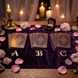 Love tarot spread with cards indicating marriage, proposal timing, and a diamond engagement ring.