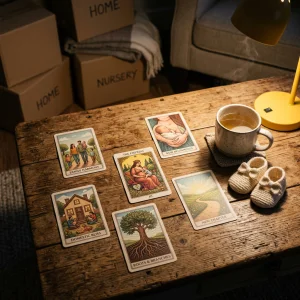 Tarot cards laid out near moving boxes representing family planning and domestic life changes.