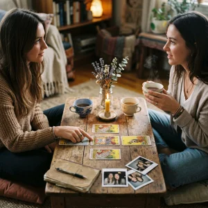 Two friends sharing a gentle DIY friendship tarot reading with a soft card spread on a table.