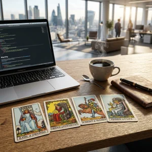 Mga tarot court card na kumakatawan sa mga personalidad sa opisina, nakalatag sa desk para sa career advice.
