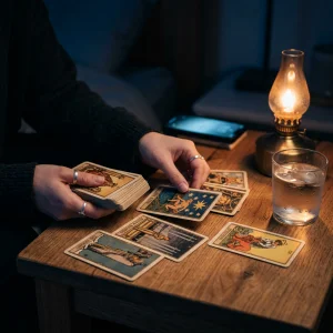 Carte dei tarocchi disposte su un tavolo da pranzo accanto a una saliera, per elaborare i traumi familiari e ritrovare la serenità.