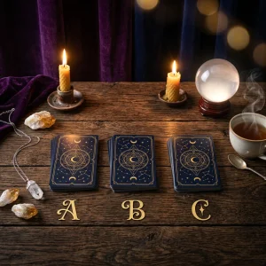 Natural crystal pendant necklace and tarot cards arranged for a spiritual career clarity reading.