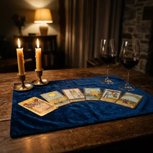 Six Tarot cards arranged in a love spread on a wooden table for marital guidance and strengthening relationship bonds.