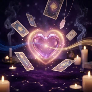 Aura protection crystal necklace next to tarot cards for shielding negative energy during a reading