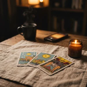 Tirage de tarot en 3 cartes disposées à plat pour la réconciliation amicale et l'apaisement émotionnel.