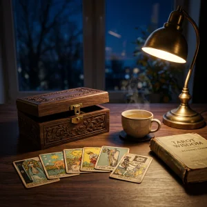Cartas de tarot tradicional y caja de madera personalizada con grabado artesanal dispuestas para una lectura de tarot estacional.