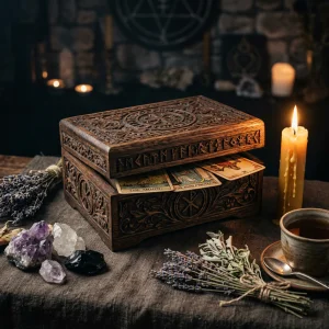 Caja de madera hecha a mano para altar de brujería, rodeada de cristales y velas para protección espiritual en Halloween.