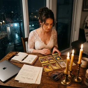 Une future mariée réalise un tirage de tarot à la lueur des bougies pour rédiger ses vœux de mariage.