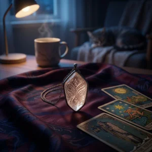 Joyería de cristales junto a cartas de tarot dispuestas para una tirada de orientación profesional.