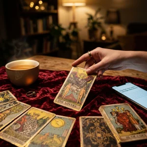 Cartes du Tarot de l'Amour disposées pour un tirage sentimental et une lecture des âmes sœurs.