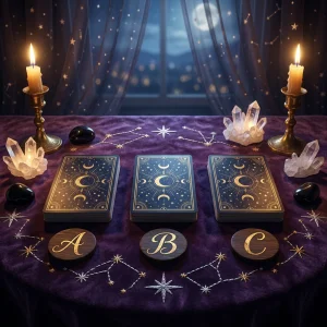 Hands holding tarot cards surrounded by crystals and candles for setting healthy family boundaries and inner peace