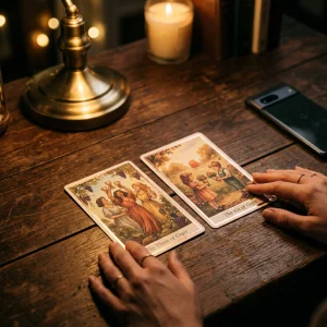 Six of Cups and Three of Cups tarot cards side by side for a nostalgic friendship reading