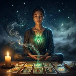 Cartas de tarot e cristais dispostos sobre uma mesa de trabalho para orientação de carreira e proteção nos negócios.
