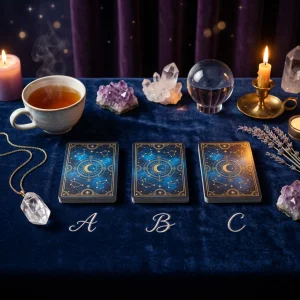 Kristallschmuck eines Unternehmers liegt auf Schicksals- und Tarotkarten bei einer Business-Tarot-Legung.