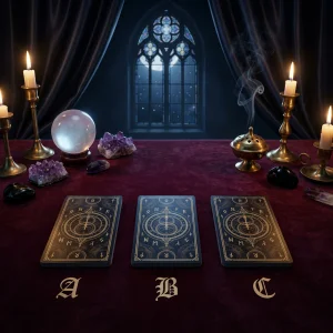 Susunan kad tarot fantasi sotik Heaven and Earth atas kain baldu gelap untuk panduan kerjaya.