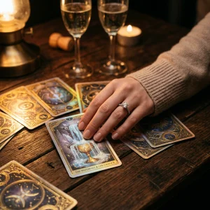 Cartes de tarot illustrant les symboles de l'Eau et de la Terre pour un tirage d'amour et de fiançailles.